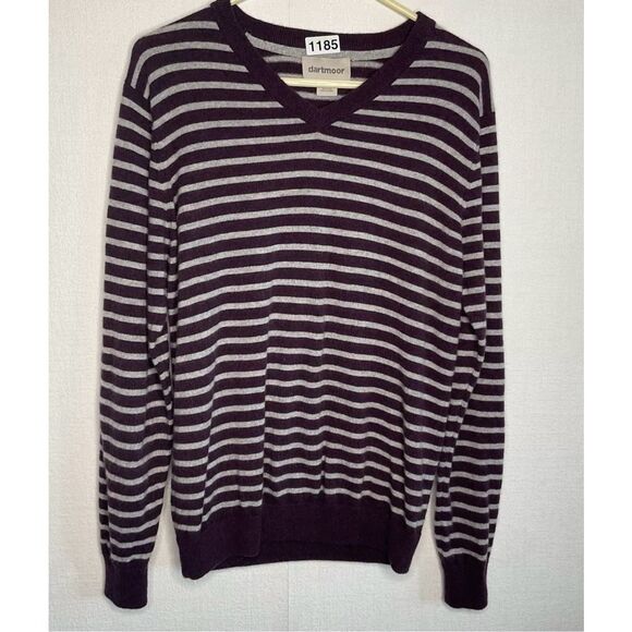 Dartmoor Cashmere Sweater Mens size L Purple Gray Striped V-neck Pullover Career - Picture 2 of 6